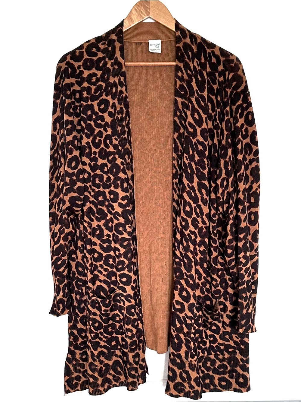 Terra & Sky Plus Cardigan Women’s 4X Leopard Open Front Long Sleeve Pockets